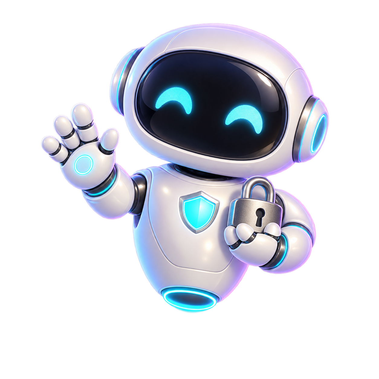 A friendly 3D security robot waves hello while holding a padlock